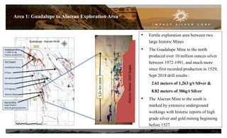 15
Area 1: Guadalupe to Alacran Exploration Area
• Fertile exploration area between two
large historic Mines
• The Guadalupe Mine to the north
produced over 10 million ounces silver
between 1972-1991, and much more
since first recorded production in 1529;
Sept 2018 drill results :
2.61 meters of 1,263 g/t Silver &
8.82 meters of 306g/t Silver
• The Alacran Mine to the south is
marked by extensive underground
workings with historic reports of high
grade silver and gold mining beginning
before 1527
1.2+kmzone
AlacranDeepsDrillTarget
Drill Targets
Guadalupe Deeps
El Paso
San Ignacio
Remedios
El Progresso
Alacran Deeps
Guadalupe Mine
>>10M oz Ag
historic production
Alacran Mine
Large historic
silver & gold production
 