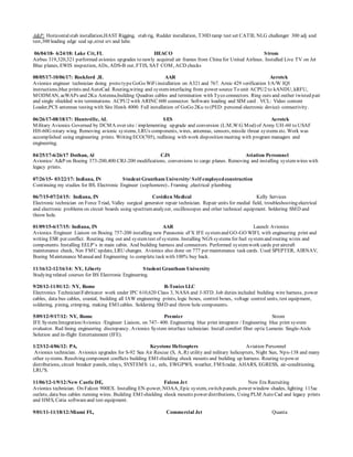 A&P: Horizontalstab installation,HAST Rigging, stab rig, Rudder installation, T30D ramp test set CATlll, NLG challenger 300 adj and
test,300 leading edge seal up,strut srv and lube.
06/04/18- 6/24/18: Lake Cit, FL HEACO Strom
Airbus 319,320,321 performed avionics upgrades to newly acquired air frames from China for United Airlines. Installed Live TV on Jet
Blue planes, EWIS inspection, ADs, ADS-B out, FTIS, SAT COM, ACD checks
08/05/17-10/06/17: Rockford ,IL AAR Aerotek
Avionics engineer technician doing proto typeGoGo WiFiinstallation on A321 and 767. Arnic 429 verification I/A/W IQI
instructions,blue prints and AutoCad. Routing,wiring and systeminterfacing from power source To unit ACPU2 to kANDU, kRFU,
MODMAN, acWAPs and 2Ku Antenna,building Quadrax cables and termination with Tyco connectors. Ring outs and outher twisted pair
and single shielded wire terminations. ACPU2 with ARINC 600 connector. Software loading and SIM card . VCL: Video content
Loader,PCS antennas testing with Site Hawk 4000. Full installation of GoGo 2Ku to (PED: personal electronic device) connectivity.
06/26/17-08/18/17: Huntsville, AL SES Aerotek
Military Avionics Governed by DCMA over site / implementing upgrade and conversion (L:M,W:G Mod) of Army UH-60 to USAF
HH-60G rotary wing. Removing avionic systems, LRUs components, wires, antennas, sensors, missile threat systems etc. Work was
accomplished using engineering prints. Writing ECO(705), redlining with work disposition meeting with program managers and
engineering.
04/25/17-6/26/17 Dothan, Al CJS Aviation Personnel
Avionics/ A&P on Boeing 373-200,400.CRJ-200 modifications, conversions to cargo planes. Removing and installing systemwires with
legacy prints.
07/26/15- 03/22/17: Indiana, IN Student Grantham University/ Self employedconstruction
Continuing my studies for BS. Electronic Engineer (sophomore) . Framing ,electrical plumbing
06/7/15-07/24/15: Indiana, IN Covidien Medical Kelly Services
Electronic technician on Force Triad, Valley surgical generator repair technician. Repair units for medial field, troubleshooting electrical
and electronic problems on circuit boards using spectrumanalyzer, oscilloscopes and other technical equipment. Soldering SMD and
throw hole.
01/09/15-6/17/15: Indiana, IN AAR Launch Avionics
Avionics /Engineer Liaison on Boeing 757-200 installing new Panasonic eFX IFE systemand GO-GO WIFI, with engineering print and
writing ESR per conflict. Routing, ring out and systemtest of systems. Installing NGS systems for fuel systemand routing wires and
components. Installing EELP’s in main cabin. And building harness and connectors. Performed systemwork cards per aircraft
maintenance check, Nav FMC update, LRU changes. Avionics also done on 777 per maintenance task cards. Used SPEPTER, AIRNAV,
Boeing Maintenance Manualand Engineering to complete task with 100% buy back.
11/16/12-12/16/14: NY, Liberty Student Grantham University
Studying related courses for BS Electronic Engineering.
9/20/12-11/01/12: NY, Rome R-Tonics LLC
Electronics TechnicianFabricator work under IPC 610,620 Class 3, NASA and J-STD. Job duties included building wire harness, power
cables, data bus cables, coaxial, building all IAW engineering prints, logic boxes, control boxes, voltage control units, test equipment,
soldering, pining, crimping, making EMI cables. Soldering SMD and throw hole components.
5/09/12-9/17/12: NY, Rome Premier Strom
IFE SystemIntegration/Avionics /Engineer Liaison, on 747- 400. Engineering blue print integrator / Engineering blue print system
evaluator. Red lining engineering discrepancy. Avionics System interface technician: Install comfort fiber opticLumexis Single-Aisle
Solution and in-flight Entertainment (IFE).
1/23/12-4/06/12: PA, Keystone Helicopters Aviation Personnel
Avionics technician. Avionics upgrades for S-92 Sea Air Rescue (S, A, R) utility and military helicopters, Night Sun, Npx-138 and many
other systems. Resolving component conflicts building EMI shielding shock mounts and building up harness. Routing to power
distributions, circuit breaker panels, relays, SYSTEMS: i.e., eels, EWGPWS, weather, FMSradar, AHARS, EGRESS, air-conditioning,
LRU'S.
11/06/12-1/9/12:New Castle DE, Falcon Jet New Era Recruiting
Avionics technician. On Falcon 900EX. Installing EN-power, NOAA, Epic system, switch panels, power window shades, lighting 115ac
outlets, data bus cables running wires. Building EMI shielding shock mounts power distributions, Using PLM Auto Cad and legacy prints
and HMS, Catia softwareand test equipment.
9/01/11-11/18/12:Miami FL, Commercial Jet Quanta
 