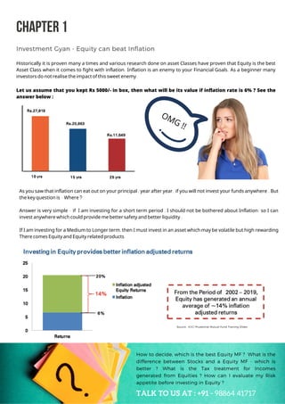 Historically it is proven many a times and various research done on asset Classes have proven that Equity is the best
Asset Class when it comes to fight with inflation. Inflation is an enemy to your Financial Goals. As a beginner many
investors do not realise the impact of this sweet enemy.
Let us assume that you kept Rs 5000/- in box, then what will be its value if inflation rate is 6% ? See the
answer below :
CHAPTER1
Investment Gyan - Equity can beat Inflation
TALK TO US AT : 12345677777
OMG !!
As you saw that inflation can eat out on your principal , year after year, if you will not invest your funds anywhere . But
the key question is -Where ?
Answer is very simple - if I am investing for a short term period , I should not be bothered about Inflation; so I can
invest anywhere which could provide me better safety and better liquidity .
If I am investing for a Medium to Longer term, then I must invest in an asset which may be volatile but high rewarding
There comes Equity and Equity related products
How to decide, which is the best Equity MF ? What is the
difference between Stocks and a Equity MF - which is
better ? What is the Tax treatment for Incomes
generated from Equities ? How can I evaluate my Risk
appetite before investing in Equity ?
TALK TO US AT : +91 - 98864 41717
Source : ICICI Prudential Mutual Fund Training Slides
 