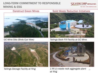 23
LONG-TERM COMMITMENT TO RESPONSIBLE
MINING & ESG TSX: SVM | NYSE AMERICAN SVM
GC Mine Site (Birds Eye View)
Solid Waste Reduction Initiatives
Tailings Storage Facility at Ying
Tailings Back Fill Facility at GC Mine
1 M t/y waste rock aggregate plant
at Ying
Construct Green Mines
 