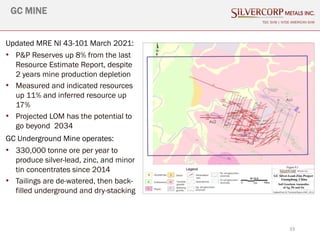 33
GC MINE
TSX: SVM | NYSE AMERICAN SVM
Updated MRE NI 43-101 March 2021:
• P&P Reserves up 8% from the last
Resource Estimate Report, despite
2 years mine production depletion
• Measured and indicated resources
up 11% and inferred resource up
17%
• Projected LOM has the potential to
go beyond 2034
GC Underground Mine operates:
• 330,000 tonne ore per year to
produce silver-lead, zinc, and minor
tin concentrates since 2014
• Tailings are de-watered, then back-
filled underground and dry-stacking
 