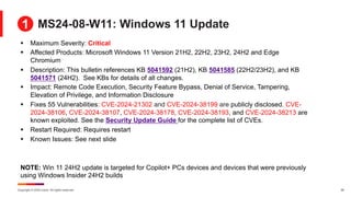 Copyright © 2024 Ivanti. All rights reserved. 20
MS24-08-W11: Windows 11 Update
§ Maximum Severity: Critical
§ Affected Products: Microsoft Windows 11 Version 21H2, 22H2, 23H2, 24H2 and Edge
Chromium
§ Description: This bulletin references KB 5041592 (21H2), KB 5041585 (22H2/23H2), and KB
5041571 (24H2). See KBs for details of all changes.
§ Impact: Remote Code Execution, Security Feature Bypass, Denial of Service, Tampering,
Elevation of Privilege, and Information Disclosure
§ Fixes 55 Vulnerabilities: CVE-2024-21302 and CVE-2024-38199 are publicly disclosed. CVE-
2024-38106, CVE-2024-38107, CVE-2024-38178, CVE-2024-38193, and CVE-2024-38213 are
known exploited. See the Security Update Guide for the complete list of CVEs.
§ Restart Required: Requires restart
§ Known Issues: See next slide
NOTE: Win 11 24H2 update is targeted for Copilot+ PCs devices and devices that were previously
using Windows Insider 24H2 builds
1
 