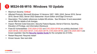 Copyright © 2024 Ivanti. All rights reserved. 22
MS24-08-W10: Windows 10 Update
§ Maximum Severity: Critical
§ Affected Products: Microsoft Windows 10 Versions 1607, 1809, 22H2, Server 2016, Server
2019, Server 2022, Server 2022 Datacenter: Azure Edition and Edge Chromium
§ Description: This bulletin references multiple KB articles. See Windows 10 and associated
server KBs for details of all changes.
§ Impact: Remote Code Execution, Security Feature Bypass, Denial of Service, Spoofing,
Elevation of Privilege, and Information Disclosure
§ Fixes 63 Vulnerabilities: CVE-2024-21302 and CVE-2024-38199 are publicly disclosed. CVE-
2024-38106, CVE-2024-38107, CVE-2024-38178, CVE-2024-38193, and CVE-2024-38213 are
known exploited. See the Security Update Guide for the complete list of CVEs.
§ Restart Required: Requires restart
§ Known Issues: See next slide
1
 