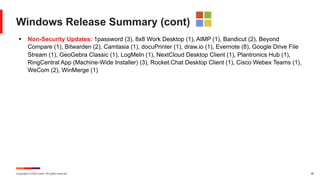 Copyright © 2024 Ivanti. All rights reserved. 28
Windows Release Summary (cont)
§ Non-Security Updates: 1password (3), 8x8 Work Desktop (1), AIMP (1), Bandicut (2), Beyond
Compare (1), Bitwarden (2), Camtasia (1), docuPrinter (1), draw.io (1), Evernote (8), Google Drive File
Stream (1), GeoGebra Classic (1), LogMeIn (1), NextCloud Desktop Client (1), Plantronics Hub (1),
RingCentral App (Machine-Wide Installer) (3), Rocket.Chat Desktop Client (1), Cisco Webex Teams (1),
WeCom (2), WinMerge (1)
 