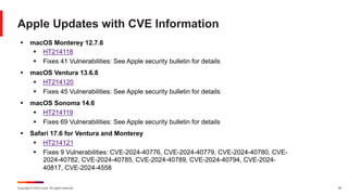 Copyright © 2024 Ivanti. All rights reserved. 39
Apple Updates with CVE Information
§ macOS Monterey 12.7.6
§ HT214118
§ Fixes 41 Vulnerabilities: See Apple security bulletin for details
§ macOS Ventura 13.6.8
§ HT214120
§ Fixes 45 Vulnerabilities: See Apple security bulletin for details
§ macOS Sonoma 14.6
§ HT214119
§ Fixes 69 Vulnerabilities: See Apple security bulletin for details
§ Safari 17.6 for Ventura and Monterey
§ HT214121
§ Fixes 9 Vulnerabilities: CVE-2024-40776, CVE-2024-40779, CVE-2024-40780, CVE-
2024-40782, CVE-2024-40785, CVE-2024-40789, CVE-2024-40794, CVE-2024-
40817, CVE-2024-4558
 