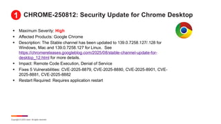 Copyright © 2025 Ivanti. All rights reserved.
CHROME-250812: Security Update for Chrome Desktop
▪ Maximum Severity: High
▪ Affected Products: Google Chrome
▪ Description: The Stable channel has been updated to 139.0.7258.127/.128 for
Windows, Mac and 139.0.7258.127 for Linux. See
https://chromereleases.googleblog.com/2025/08/stable-channel-update-for-
desktop_12.html for more details.
▪ Impact: Remote Code Execution, Denial of Service
▪ Fixes 5 Vulnerabilities: CVE-2025-8879, CVE-2025-8880, CVE-2025-8901, CVE-
2025-8881, CVE-2025-8882
▪ Restart Required: Requires application restart
1
 