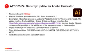 Copyright © 2025 Ivanti. All rights reserved.
APSB25-74: Security Update for Adobe Illustrator
▪ Maximum Severity: Critical
▪ Affected Products: Adobe Illustrator 28.7.9 and Illustrator 29.7
▪ Description: Adobe has released an update for Adobe Illustrator for Windows and macOS. This
update resolves 4 vulnerabilities – 2 rated Critical and 2 rated Important. See
https://helpx.adobe.com/security/products/illustrator/apsb25-74.html for more details. Adobe is
not aware of any exploits in the wild for any of the issues addressed in these updates.
▪ Impact: Arbitrary Code Execution, Application Denial of Service
▪ Fixes 4 Vulnerabilities: CVE-2025-49563, CVE-2025-49564, CVE-2025-49567, CVE-2025-
49568
▪ Restart Required: Requires application restart
1
 