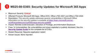 Copyright © 2025 Ivanti. All rights reserved. 26
▪ Maximum Severity: Critical
▪ Affected Products: Microsoft 365 Apps, Office 2019, Office LTSC 2021 and Office LTSC 2024
▪ Description: This security update addresses several vulnerabilities in Microsoft Office.
Information on the security updates is available at https://learn.microsoft.com/en-
us/officeupdates/microsoft365-apps-security-updates.
▪ Impact: Remote Code Execution, Elevation of Privilege, and Information Disclosure
▪ Fixes 14 Vulnerabilities: No vulnerabilities are known exploited or publicly disclosed. See the
Security Update Guide for the complete list of CVEs.
▪ Restart Required: Requires application restart
▪ Known Issues: None reported
MS25-08-O365: Security Updates for Microsoft 365 Apps
1
 