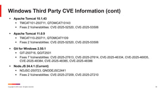 Copyright © 2025 Ivanti. All rights reserved. 35
Windows Third Party CVE Information (cont)
▪ Apache Tomcat 10.1.43
▪ TMCAT101-250711, QTOMCAT10143
▪ Fixes 2 Vulnerabilities: CVE-2025-52520, CVE-2025-53506
▪ Apache Tomcat 11.0.9
▪ TMCAT110-250711, QTOMCAT1109
▪ Fixes 2 Vulnerabilities: CVE-2025-52520, CVE-2025-53506
▪ Git for Windows 2.50.1
▪ GIT-250716, QGIT2501
▪ Fixes 7 Vulnerabilities: CVE-2025-27613, CVE-2025-27614, CVE-2025-46334, CVE-2025-46835,
CVE-2025-48384, CVE-2025-48385, CVE-2025-48386
▪ Node.JS 24.4.1 (Current)
▪ NOJSC-250723, QNODEJSC2441
▪ Fixes 2 Vulnerabilities: CVE-2025-27209, CVE-2025-27210
 