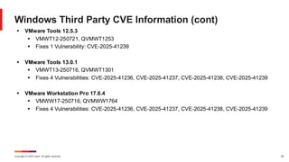 Copyright © 2025 Ivanti. All rights reserved. 39
Windows Third Party CVE Information (cont)
▪ VMware Tools 12.5.3
▪ VMWT12-250721, QVMWT1253
▪ Fixes 1 Vulnerability: CVE-2025-41239
▪ VMware Tools 13.0.1
▪ VMWT13-250716, QVMWT1301
▪ Fixes 4 Vulnerabilities: CVE-2025-41236, CVE-2025-41237, CVE-2025-41238, CVE-2025-41239
▪ VMware Workstation Pro 17.6.4
▪ VMWW17-250716, QVMWW1764
▪ Fixes 4 Vulnerabilities: CVE-2025-41236, CVE-2025-41237, CVE-2025-41238, CVE-2025-41239
 