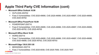 Copyright © 2025 Ivanti. All rights reserved. 45
Apple Third Party CVE Information (cont)
▪ Microsoft Office Outlook 16.99
▪ OUTLOOK-250702
▪ Fixes 5 Vulnerabilities: CVE-2025-49695, CVE-2025-49696, CVE-2025-49697, CVE-2025-49699,
CVE-2025-49702
▪ Microsoft Office PowerPoint 16.99
▪ POWERPOINT-250716
▪ Fixes 6 Vulnerabilities: CVE-2025-49695, CVE-2025-49696, CVE-2025-49697, CVE-2025-49699,
CVE-2025-49702, CVE-2025-49705
▪ Microsoft Office Word 16.99
▪ WORD-250716
▪ Fixes 7 Vulnerabilities: CVE-2025-49695, CVE-2025-49696, CVE-2025-49697, CVE-2025-49698,
CVE-2025-49699, CVE-2025-49702, CVE-2025-49703
▪ Microsoft Edge 138.0.3351.95
▪ MEDGEMAC-250716
▪ Fixes 3 Vulnerabilities: CVE-2025-6558, CVE-2025-7656, CVE-2025-7657
 