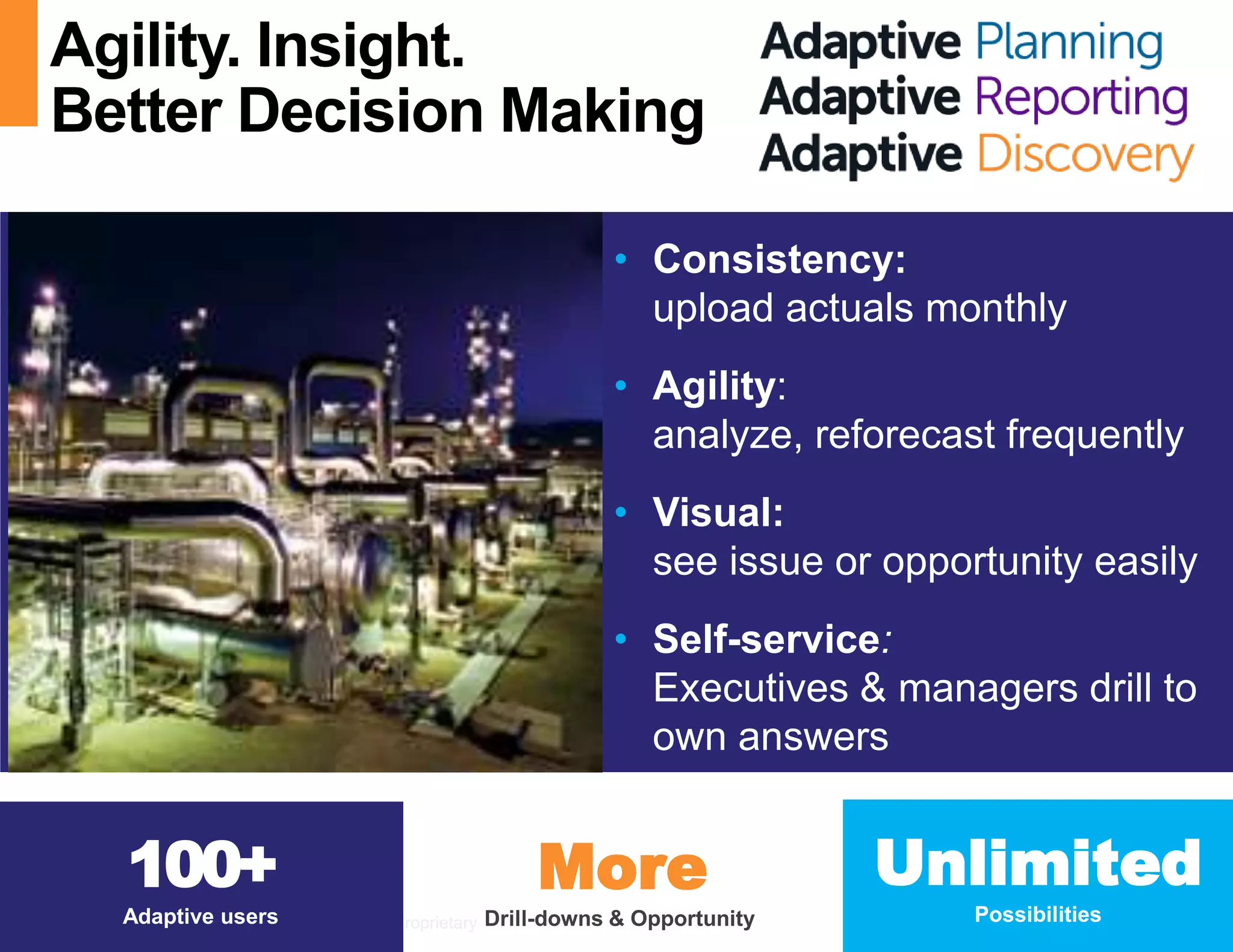 Agility. Insight. 
Better Decision Making 
• Consistency: 
upload actuals monthly 
• Agility: 
analyze, reforecast frequently 
• Visual: 
see issue or opportunity easily 
• Self-service: 
Executives & managers drill to 
own answers 
Unlimited 
Possibilities 
More 
Drill-downs & Opportunity 
OIL & GAS 
100+ 
Adaptive users 
© 2014 Adaptive Insights | Confidential & Proprietary 32 
 