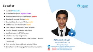 Speaker
Abhishek Bathwal
NeuraFlash India Pvt. Ltd.
Principal Developer
● MuleSoft Ambassador
● MuleSoft Meetup India Regional Leader
● MuleSoft/Salesforce/Slack/CMX Meetup Speaker
● Guwahati & Lucknow Meetup Leader
● Guwahati Slack Community Meetup Leader
● CMX Connect Guwahati Chapter Leader
● Total 10+ years of experience (8+ in MuleSoft)
● Certified MuleSoft Developer & Architect
● MuleSoft Industry & GTM Champion
● Salesforce Four Star Ranger Rank
● Salesforce | Solace | Dell Boomi | GCP | Copado | Workato
Certifications
● Write technical Blogs and Create technical Videos
● Own a Patent for developing a Portable Washing Machine linkedin.com/in/abhishek-bathwal-49360694
youtube.com/@abhishekbathwal1805
youtube.com/@developersguide5562
 
