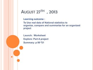 AUGUST 27TH , 2013
Learning outcome :
To Use real data of National statistics to
organize, compare and summarize for an organized
project
Launch: Worksheet
Explore: Part A project
Summary: p 99 #21
 
