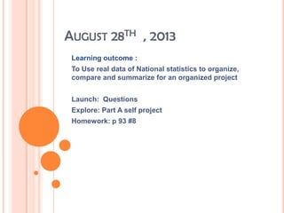 AUGUST 28TH , 2013
Learning outcome :
To Use real data of National statistics to organize,
compare and summarize for an organized project
Launch: Questions
Explore: Part A self project
Homework: p 93 #8
 