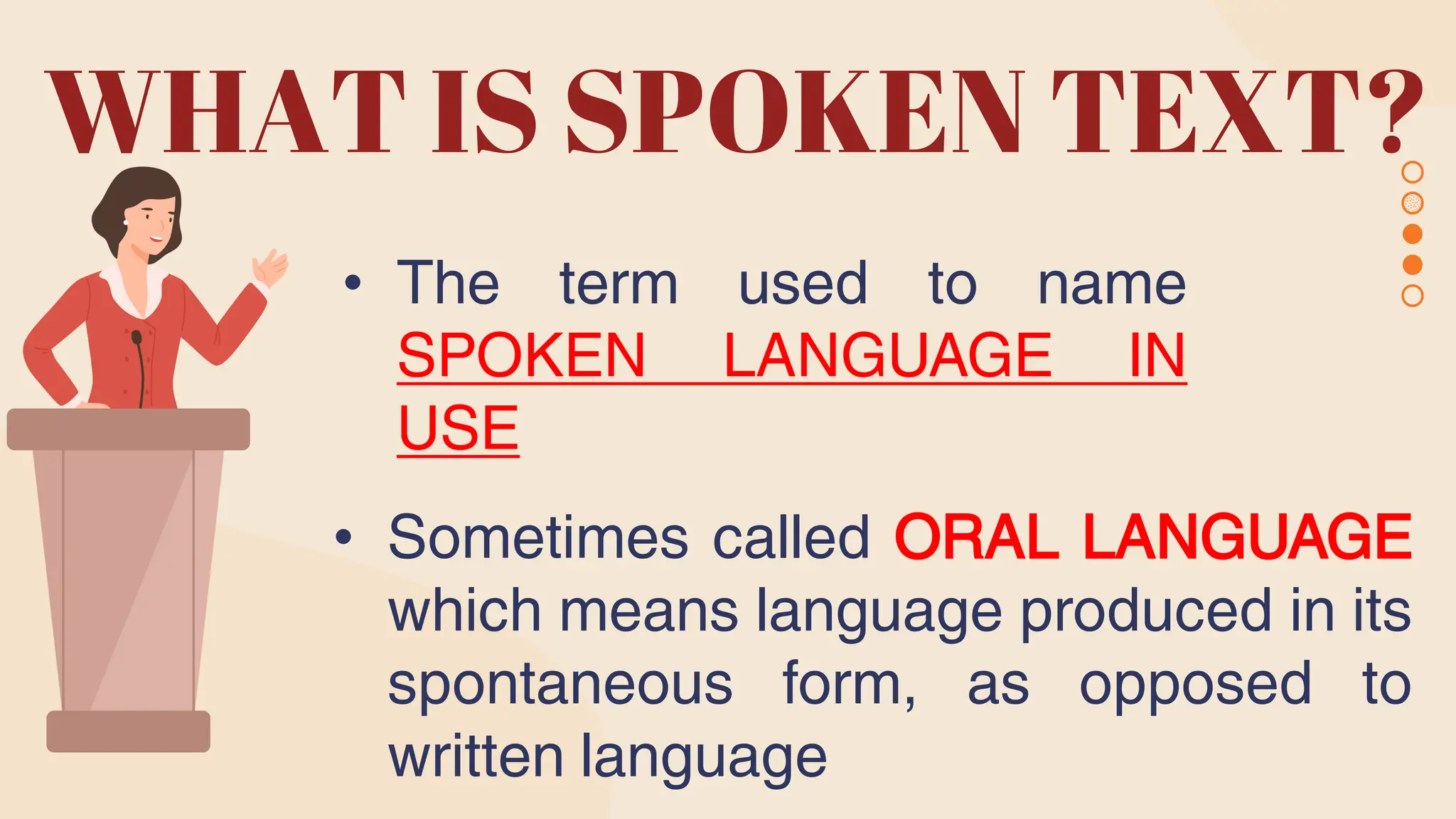 WHAT IS SPOKEN TEXT?
• The term used to name
SPOKEN LANGUAGE IN
USE
• Sometimes called ORAL LANGUAGE
which means language produced in its
spontaneous form, as opposed to
written language
 