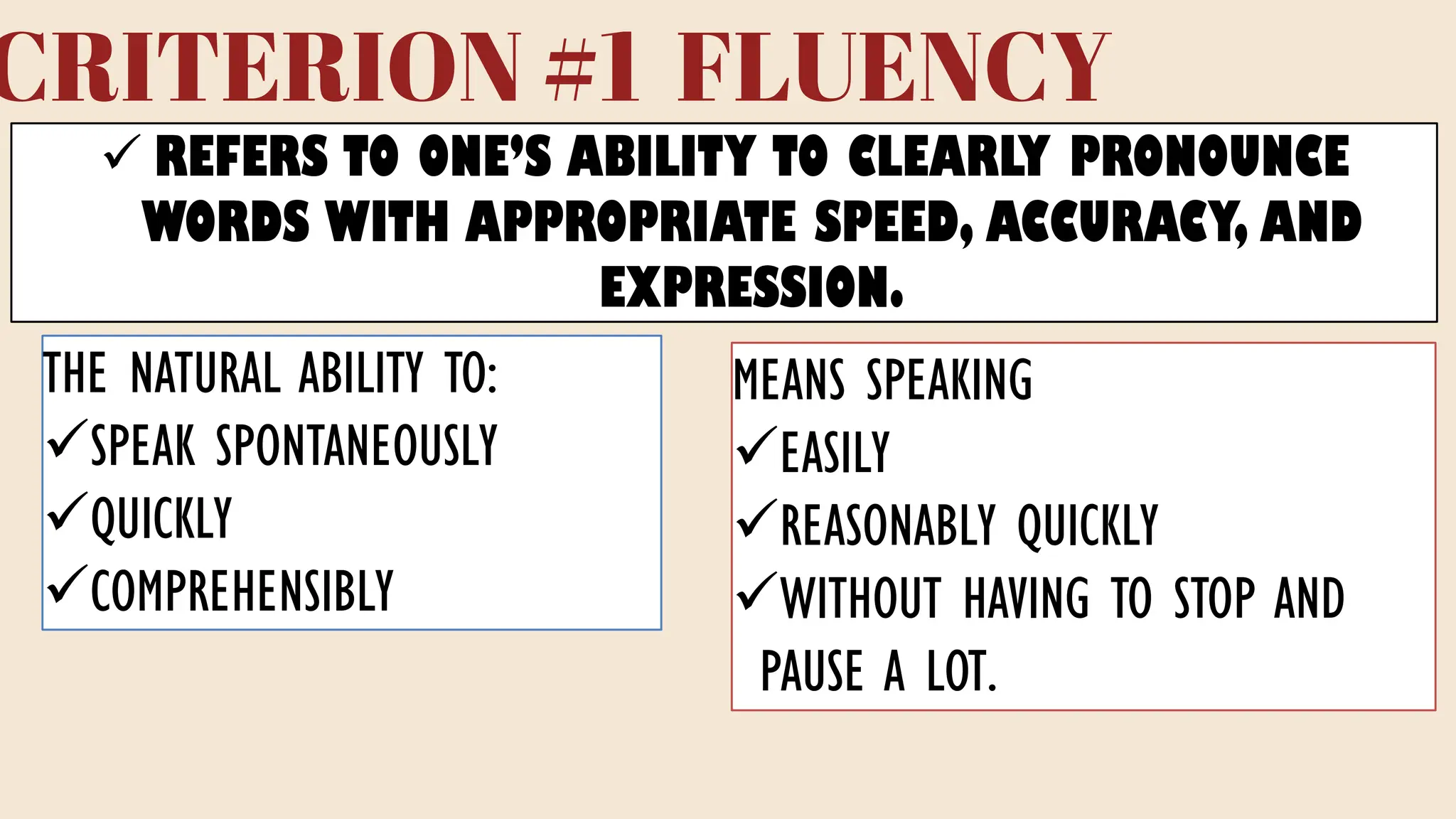 CRITERION #1 FLUENCY
✓ REFERS TO ONE’S ABILITY TO CLEARLY PRONOUNCE
WORDS WITH APPROPRIATE SPEED, ACCURACY, AND
EXPRESSION.
THE NATURAL ABILITY TO:
✓SPEAK SPONTANEOUSLY
✓QUICKLY
✓COMPREHENSIBLY
MEANS SPEAKING
✓EASILY
✓REASONABLY QUICKLY
✓WITHOUT HAVING TO STOP AND
PAUSE A LOT.
 