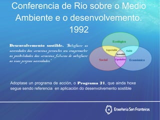 Conferencia de Rio sobre o Medio
Ambiente e o desenvolvemento.
1992
Desenvolvemento sostible. “Satisfacer as
necesidades das xeracións presentes sen comprometer
as posibilidades das xeracións futuras de satisfacer
as súas propias necesidades.”
Adoptase un programa de acción, o Programa 21, que ainda hoxe
segue sendo referencia en aplicación do desenvolvemento sostible
 