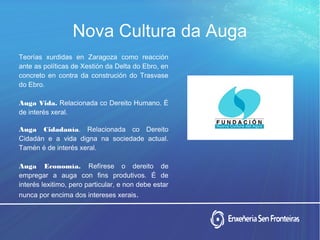 Nova Cultura da Auga
Teorías xurdidas en Zaragoza como reacción
ante as políticas de Xestión da Delta do Ebro, en
concreto en contra da construción do Trasvase
do Ebro.
Auga Vida. Relacionada co Dereito Humano. É
de interés xeral.
Auga Cidadanía. Relacionada co Dereito
Cidadán e a vida digna na sociedade actual.
Tamén é de interés xeral.
Auga Economía. Refírese o dereito de
empregar a auga con fins produtivos. É de
interés lexitimo, pero particular, e non debe estar
nunca por encima dos intereses xerais.
 