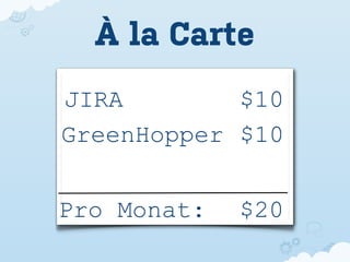 À la Carte
JIRA        $10
GreenHopper $10


Pro Monat:   $20
 