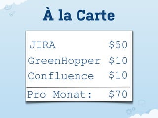 À la Carte
JIRA        $50
GreenHopper $10
Confluence $10
Pro Monat:   $70
 