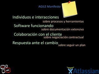 AGILE Manifesto


Individuos e interacciones
                  sobre procesos y herramientas 
 Software   funcionando
                 sobre documentación extensiva 
 Colaboración   con el cliente 
                   sobre negociación contractual 
Respuesta ante el cambio sobre seguir un plan
 