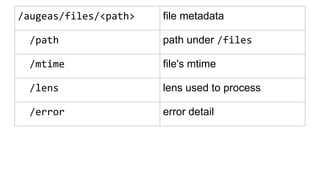 /augeas/files/<path> file metadata
/path path under /files
/mtime file's mtime
/lens lens used to process
/error error detail
 