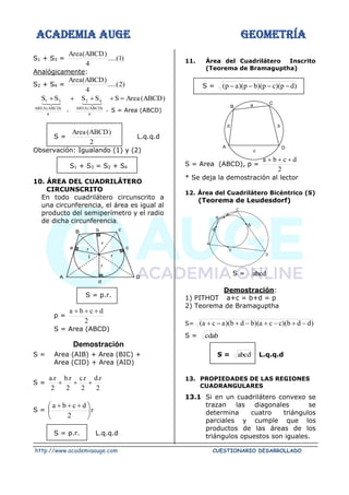 ACADEMIA AUGE GEOMETRÍA
http://www.academiaauge.com CUESTIONARIO DESARROLLADO
S1 + S3 = )
1
.....(
4
)
ABCD
(
Area
Analógicamente:
S2 + S4 = )
2
.....(
4
)
ABCD
(
Area
)
ABCD
(
Area
S
S
S
S
S
4
)
ABCD
(
AREA
4
2
4
)
ABCD
(
AREA
3
1 =
+
+
+
+
+
+






S =
2
)
ABCD
(
Area
L.q.q.d
Observación: Igualando (1) y (2)
S1 + S3 = S2 + S4
10. ÁREA DEL CUADRILÁTERO
CIRCUNSCRITO
En todo cuadrilátero circunscrito a
una circunferencia, el área es igual al
producto del semiperímetro y el radio
de dicha circunferencia.
S = p.r.
p =
2
d
c
b
a +
+
+
S = Area (ABCD)
Demostración
S = Area (AIB) + Area (BIC) +
Area (CID) + Area (AID)
S =
2
r
.
d
2
r
.
c
2
r
.
b
2
r
.
a
+
+
+
S = r
2
d
c
b
a





 +
+
+
S = p.r. L.q.q.d
11. Área del Cuadrilátero Inscrito
(Teorema de Bramaguptha)
S = )
d
p
)(
c
p
)(
b
p
)(
a
p
( −
−
−
−
S = Area (ABCD), p =
2
d
c
b
a +
+
+
* Se deja la demostración al lector
12. Área del Cuadrilátero Bicéntrico (S)
(Teorema de Leudesdorf)
S = abcd
Demostración:
1) PITHOT a+c = b+d = p
2) Teorema de Bramaguptha
S= )
d
d
b
)(
c
c
a
)(
b
d
b
)(
a
c
a
( −
+
−
+
−
+
−
+
S = cdab
S = abcd L.q.q.d
13. PROPIEDADES DE LAS REGIONES
CUADRANGULARES
13.1 Si en un cuadrilátero convexo se
trazan las diagonales se
determina cuatro triángulos
parciales y cumple que los
productos de las áreas de los
triángulos opuestos son iguales.
S = Area (ABCD)
r
r
r
r
b
c
D
A
d
c
B
a
I
b
d
a C
B
D
A
c
b
d
a
C
B
D
A
c
.
. .
.
 