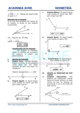 ACADEMIA AUGE GEOMETRÍA
http://www.academiaauge.com CUESTIONARIO DESARROLLADO
m AOB = º : Medida del ángulo AOB
es igual a º
Bisectriz de un Angulo:
Es el rayo que partiendo del vértice de
un ángulo, lo divide en dos ángulos
congruentes.
B
OX : Bisectriz de AOB
mAOX = mXOB = 
AOX  XOB
Clasificación de los Angulos
Los ángulos se clasifican
según su medida, de acuerdo a
su posición y según sus
características.
I. SEGÚN SU MEDIDA
1. Angulo Llano. Llamado también
ángulo rectilíneo, es aquel ángulo
cuyos lados son dos rayos
opuestos es decir una recta. Su
medida en;
- Sistema Sexagesimal:  = 180º
2. Angulo Agudo. Es aquel ángulo
cuya medida es menor que 90º
pero mayor que 0º
Oº < º < 90º
3. Angulo Obtuso: Es aquel ángulo
cuya medida es menor que 180º
pero mayor que 90º
90º < º < 180º
4. Angulo Recto: Es aquel ángulo
cuya medida es igual a 90º.
 = 90º
5. Angulo Nulo: Es aquel ángulo
cuya medida es igual a 0º
mAOB = 0º
II. SEGUN LA POSICION DE SUS
LADOS
1. Angulos Adyacentes. Dos
ángulos son adyacentes cuando
tienen el mismo vértice y un lado
común tal que los ángulos se
encuentran a uno y otro lado del
lado común.
O
A
X



O
B
A
A
B
O


A
B
O

B
O
A
O A B


A
B
C
O
Lado Común
 