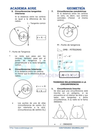 ACADEMIA AUGE GEOMETRÍA
http://www.academiaauge.com CUESTIONARIO DESARROLLADO
5. Circunferencias tangentes
interiores
Si la distancia entre los centros
es igual a la diferencia de los
radios.
L : Tangente común
d = R - r
T : Punto de Tangencia
* La recta que pasa por los
centros, también pasa por el
punto de tangencia y es
perpendicular a la recta tangente
común.
6. Circunferencias Interiores
Si la distancia entre los centros
es menor que la diferencia de los
radios.
d + r < R
d < R – r
• Los puntos de una de ellas
(circunferencia de centro O2)
son interiores a la otra.
(Circunferencia de centro O1)
7. Circunferencias concéntricas
Si la distancia entre los centros
es cero, es decir, sus centros
coinciden. (Tienen el mismo
centro).
M : Punto de tangencia
OMB : PITÁGORAS
2
2
2
R
r
2
AB
=
+






2
2
AB






= R² - r²
2
2
r
R
2
AB
−
=
AB = 2 2
2
r
R −
TEOREMAS RELACIONADOS A LA
CIRCUNFERENCIA
1. Circunferencia Inscrita
Se dice que una circunferencia está
inscrita en un polígono, si se
encuentra en el interior de éste y sus
lados son tangentes a dicha
circunferencia. A su radio se le llama
INRADIO.
• r : INRADIO
O2
O1
r
d
R
T
L
O2
O1
r
d
R
B
R
O
r
M
A
r
r
A
B
C A
B C
D
 