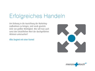 Erfolgreiches Handeln 
! 
Um Ordnung in die Ausrichtung der Marketing-maßnahmen 
zu bringen, sind vorab gesetzte 
Ziele von größter Wichtigkeit. Wie will man auch 
sonst den tatsächlichen Wert der durchgeführten 
Aktionen untersuchen? 
! 
Alles beginnt mit einer Formel 
 
