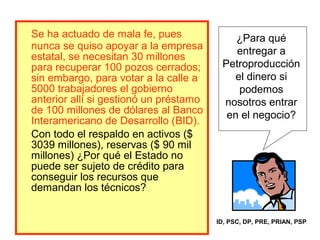 Se ha actuado de mala fe, pues
nunca se quiso apoyar a la empresa
estatal, se necesitan 30 millones
para recuperar 100 pozos cerrados;
sin embargo, para votar a la calle a
5000 trabajadores el gobierno
anterior allí si gestionó un préstamo
de 100 millones de dólares al Banco
Interamericano de Desarrollo (BID).
Con todo el respaldo en activos ($
3039 millones), reservas ($ 90 mil
millones) ¿Por qué el Estado no
puede ser sujeto de crédito para
conseguir los recursos que
demandan los técnicos?
¿Para qué
entregar a
Petroproducción
el dinero si
podemos
nosotros entrar
en el negocio?
ID, PSC, DP, PRE, PRIAN, PSP
 
