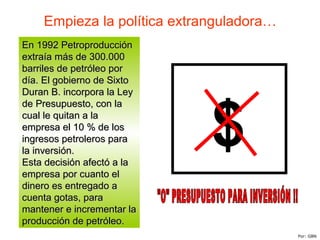 Empieza la política extranguladora…
En 1992 PetroproducciónEn 1992 Petroproducción
extraía más de 300.000extraía más de 300.000
barriles de petróleo porbarriles de petróleo por
día. El gobierno de Sixtodía. El gobierno de Sixto
Duran B. incorpora la LeyDuran B. incorpora la Ley
de Presupuesto, con lade Presupuesto, con la
cual le quitan a lacual le quitan a la
empresa el 10 % de losempresa el 10 % de los
ingresos petroleros paraingresos petroleros para
la inversión.la inversión.
Esta decisión afectEsta decisión afectóó a laa la
empresa por cuanto elempresa por cuanto el
dinero es entregado adinero es entregado a
cuenta gotas, paracuenta gotas, para
mantener e incrementar lamantener e incrementar la
producción de petróleo.producción de petróleo.
$
Por: GBN
 