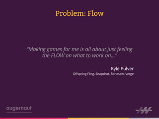 Problem: Flow



“Making games for me is all about just feeling
      the FLOW on what to work on…”

                                             Kyle Pulver
                    Oﬀspring Fling, Snapshot, Bonesaw, Verge
 