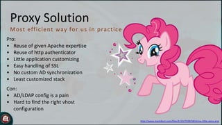 Proxy Solution
M o st eff ic ient way fo r u s in p rac t ic e
Pro:
• Reuse of given Apache expertise
• Reuse of http authenticator
• Little application customizing
• Easy handling of SSL
• No custom AD synchronization
• Least customized stack
Con:
• AD/LDAP config is a pain
• Hard to find the right vhost
configuration
http://www.mantiburi.com/files/5113/7329/5814/my-little-pony.png

 