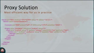 Proxy Solution
M o st eff ic ient way fo r u s in p rac t ic e
<Server port="8001" shutdown="SHUTDOWN" debug="0" address="127.0.0.1">
<Service name="Tomcat-Standalone">
<Connector port="8009" protocol="AJP/1.3" URIEncoding="UTF-8" packetSize="20000" />
<Engine name="Standalone" defaultHost="localhost" debug="0">
<Host name="localhost" debug="0" appBase="webapps" unpackWARs="true" autoDeploy="false">
<Context path="" docBase="../confluence" debug="0" reloadable="false" useHttpOnly="true">
<Manager pathname="" />
</Context>
</Host>
</Engine>
</Service>
</Server>

 