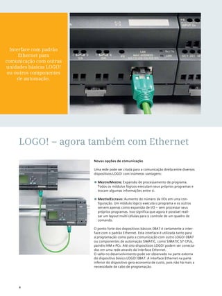 LOGO! – agora também com Ethernet
Novas opções de comunicação
Uma rede pode ser criada para a comunicação direta entre diversos
dispositivos LOGO! com inúmeras vantagens:
■■ Mestre/Mestre: Expansão de processamento de programa.
Todos os módulos lógicos executam seus próprios programas e
trocam algumas informações entre si.
■■ Mestre/Escravo: Aumento do número de I/Os em uma con-
figuração. Um módulo lógico executa o programa e os outros
servem apenas como expansão de I/O – sem processar seus
próprios programas. Isso significa que agora é possível reali-
zar um layout multi-células para o controle de um quadro de
comando.
O ponto forte dos dispositivos básicos 0BA7 é certamente a inter-
face com o padrão Ethernet. Esta interface é utilizada tanto para
a programação como para a comunicação com outro LOGO! 0BA7
ou componentes de automação SIMATIC, como SIMATIC S7 CPUs,
painéis IHM e PCs. Até oito dispositivos LOGO! podem ser conecta-
dos em uma rede através da interface Ethernet.
O salto no desenvolvimento pode ser observado na parte externa
do dispositivo básico LOGO! 0BA7: A interface Ethernet na parte
inferior do dispositivo gera economia de custo, pois não há mais a
necessidade de cabo de programação.
4
Interface com padrão
Ethernet para
comunicação com outras
unidades básicas LOGO!
ou outros componentes
de automação.
 
