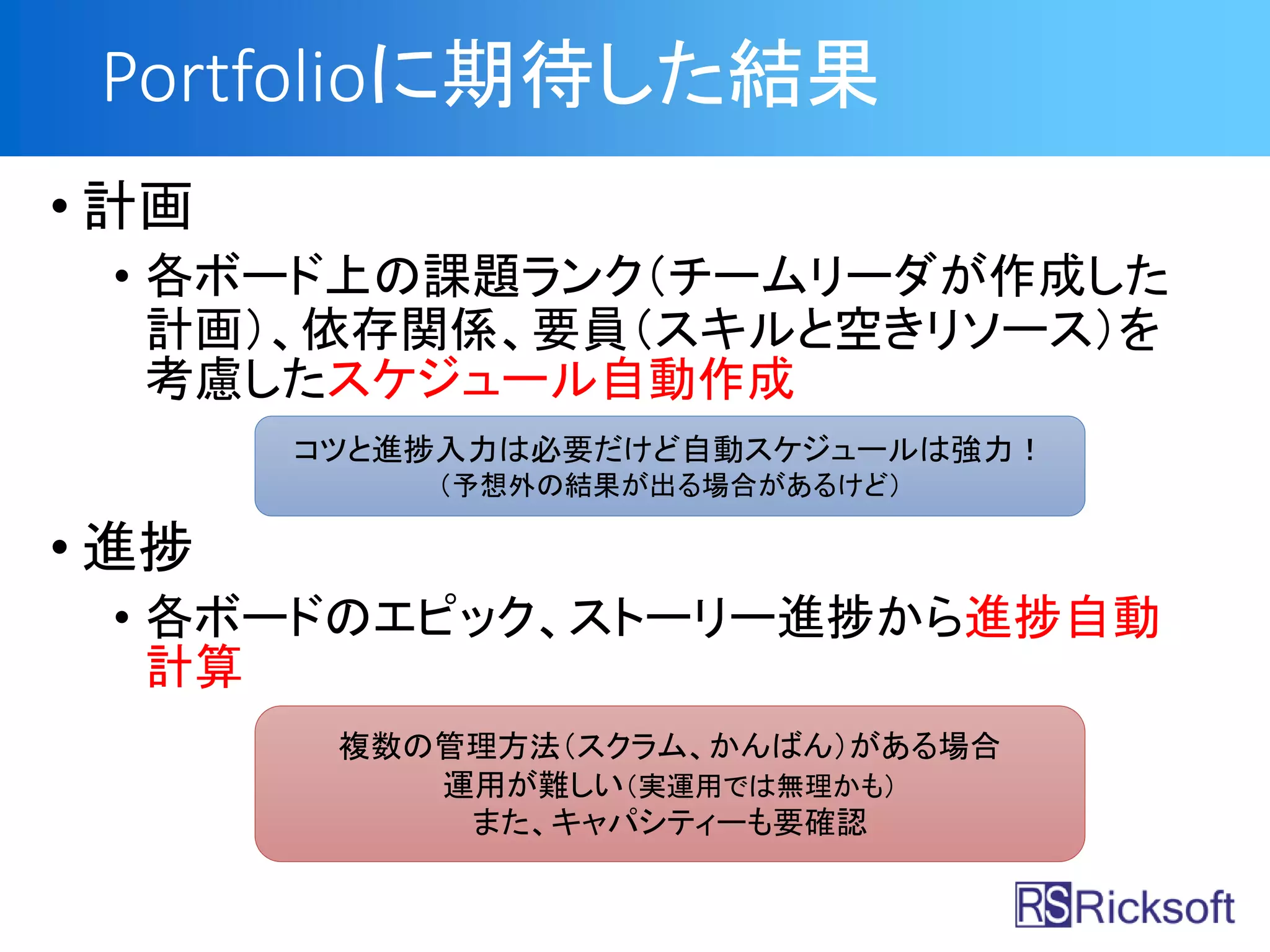 Portfolioに期待した結果
• 計画
• 各ボード上の課題ランク（チームリーダが作成した
計画）、依存関係、要員（スキルと空きリソース）を
考慮したスケジュール自動作成
• 進捗
• 各ボードのエピック、ストーリー進捗から進捗自動
計算
コツと進捗入力は必要だけど自動スケジュールは強力！
（予想外の結果が出る場合があるけど）
複数の管理方法（スクラム、かんばん）がある場合
運用が難しい（実運用では無理かも）
また、キャパシティーも要確認
 