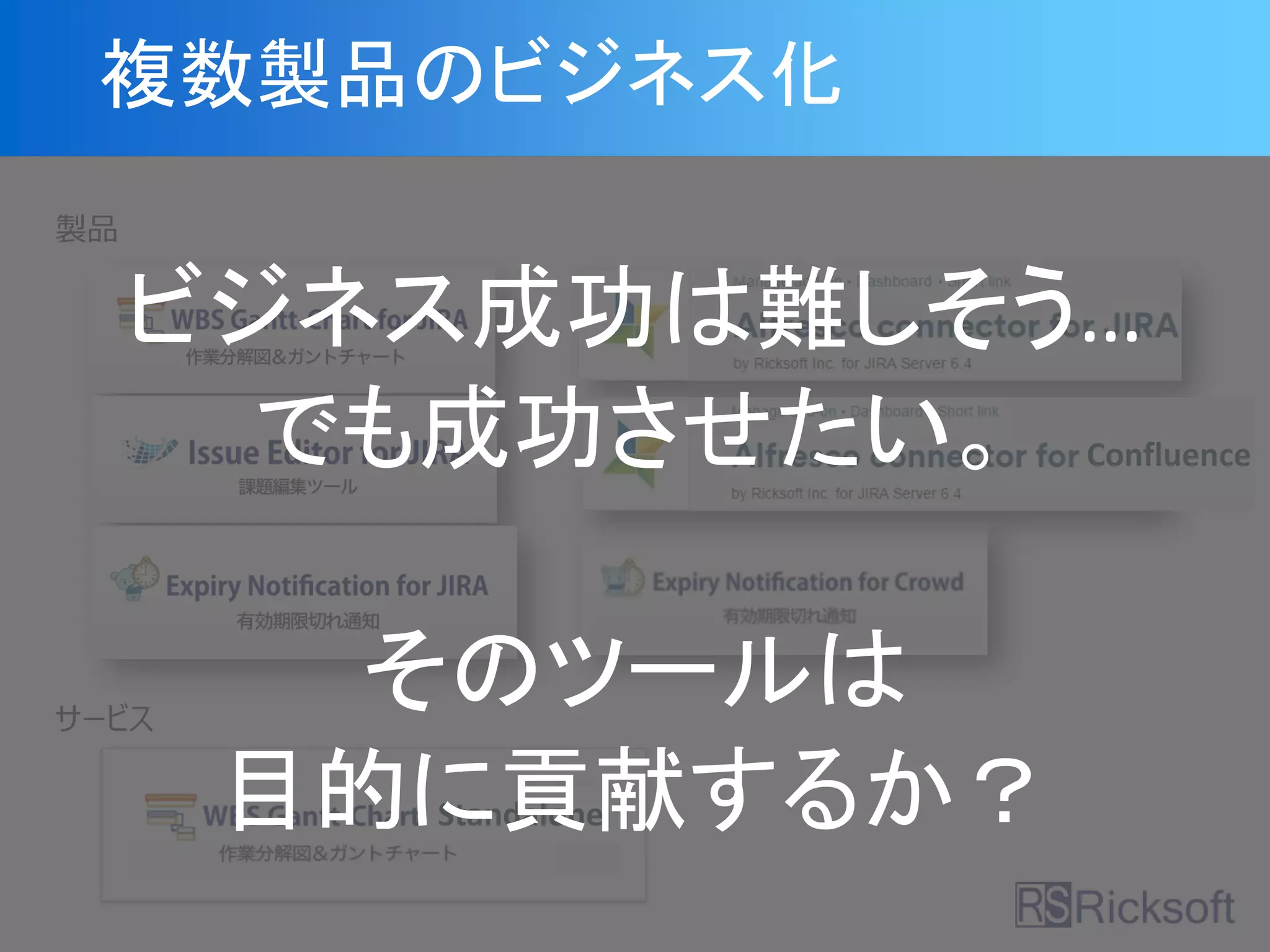 複数製品のビジネス化
製品
サービス
Standalone
Confluence
ビジネス成功は難しそう…
でも成功させたい。
そのツールは
目的に貢献するか？
 