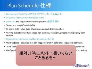 Plan Schedule ˘
? Backlog items priority (JIRAץ饤ƥ, ܩ`Ϥ)
? Sequence - Start and end releases' dates
? Estimates and required skill level capacities (Ҋe)
? Teams and people's availability
? People's skills - what type of work can do each team member.
? Varying availability and absences. For example, vacations, people available only from
certain.
? Dependencies between backlog items (issue link ?)
? Work's stages - activities that can happen either in parallel or sequential activities.
? Team's schedules - iterations and sprint lengths, or continuous, day-to-day schedule.
? Configurable constraints for example, how many people can work in parallel on a story.
~ɥȤ˕Ƥʤ
Ȥ뤾
 
