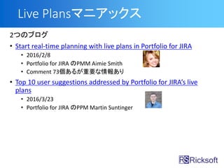 Live Plansޥ˥å
2ĤΥ֥
? Start real-time planning with live plans in Portfolio for JIRA
? 2016/2/8
? Portfolio for JIRA PMM Aimie Smith
? Comment 73뤬Ҫ󤢤
? Top 10 user suggestions addressed by Portfolio for JIRAs live
plans
? 2016/3/23
? Portfolio for JIRA PPM Martin Suntinger
 