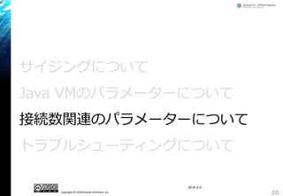 Copyright © 2018 Growth xPartners, Inc.
サイジングについて
Java VMのパラメーターについて
接続数関連のパラメーターについて
トラブルシューティングについて
2018/2/2
20
 