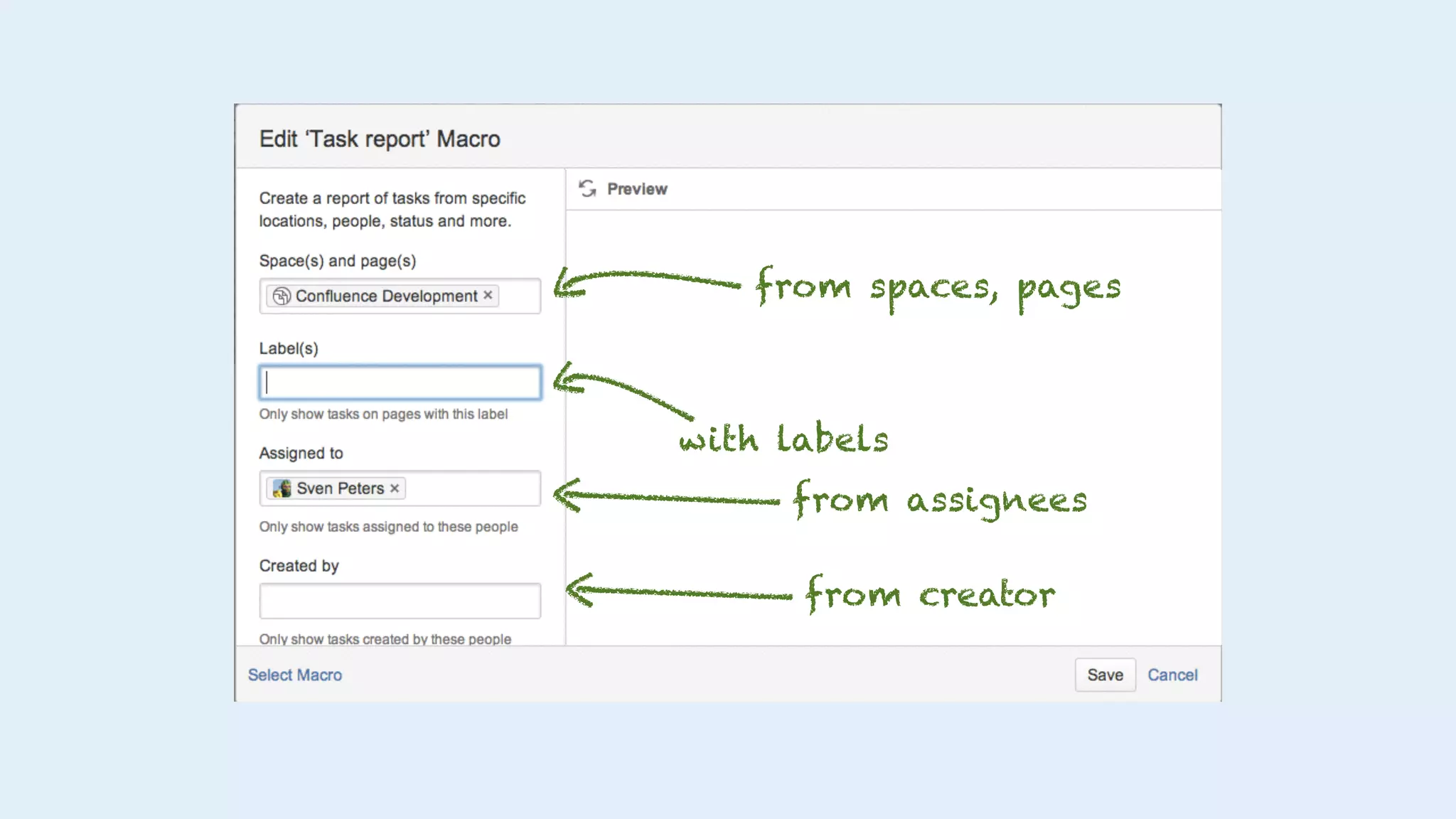 from spaces, pages
with labels
from assignees
from creator