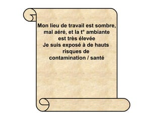 Mon lieu de travail est sombre,  mal aéré, et la t° ambiante  est très élevée Je suis exposé à de hauts  risques de  contamination / santé 