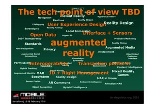 The tech point of view TBD
                                                     Civic IICT
                                       Realspace                  Realpeople


                       Navigation
                                          Instant Reality                      Hyperlocal Offers

                                     Realtime             Reality Stream

                Lifelogging                        Reality Design
                              User Experience Design
                              Reality Mashup
         Serendipity
                                                 Local Immersion
              Open Data                    HyperLBS
                                                              Interface + Sensors

                                 augmented
   360° Transparency                                                                          Predictive Marketing

         Standards                                                                          Reality Mining

                                                                                      Augmented Media

                                   reality
 Face Recognition
                           Privacy
                                                                               Infotainment
      Augmented Social                                                                                    Obectlinked
        Networking                                                                                         Customer
                                                      Knowledge                                            Interface
                                                      Symmetry
Permissions
             Interoperability
                 Identity
                          Augmented
                            Dating                        Transaction platform
                                                                Immersive
                                                               Edutainment
                                                                           MAR Event Guide

     Hybrid Tracking
                                                                                                   Context Intelligence

                         ID + Right Management Mixed Reality
                                Small Worlds
Augmented IdentityMAR                     Blended Learning 3.0
                                                                     Games
               Ecosystem   Reality Design                MAR at Home
          Sensor Fusion
                               AR Commons                   Ambient Intelligence
                                                                                     Affective MAR
                Object Recognition             Hybrid Intelligence



                                                                                          strategiclabs.org 2010
 