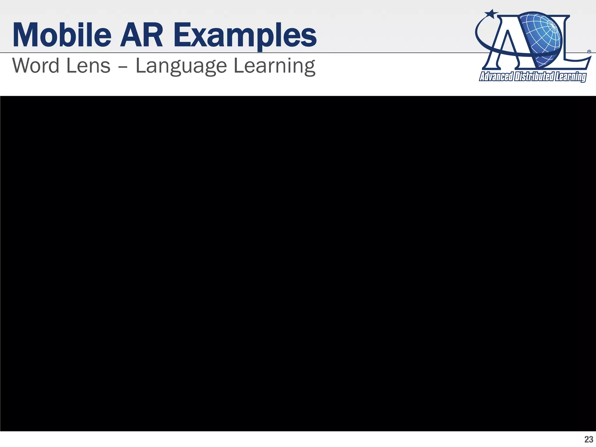 Mobile AR Examples
Word Lens – Language Learning
23
 