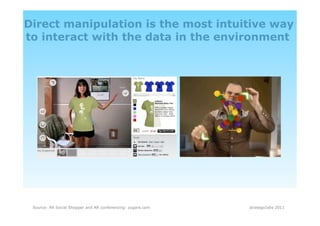 Direct manipulation is the most intuitive way
to interact with the data in the environment




 Source: AR Social Shopper and AR conferencing: zugara.com   strategiclabs 2011
 