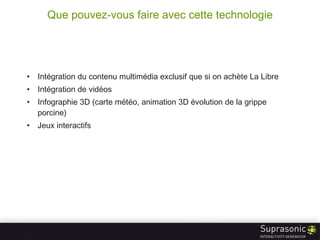 Que pouvez-vous faire avec cette technologie Intégration du contenu multimédia exclusif que si on achète La Libre Intégration de vidéos Infographie 3D (carte météo, animation 3D évolution de la grippe porcine) Jeux interactifs 
