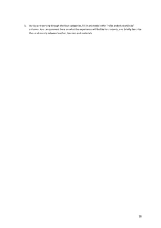 18
5. As you are workingthrough the four categories,fill in any notes in the "roles and relationships"
columns.You can comment here on what the experience will belikefor students, and briefly describe
the relationship between teacher, learners and materials
 
