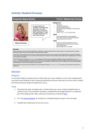 7
Activity: Student Personas
Image source
Purpose
To consider the types of students who are likely to take your course.Students on a first-year undergraduate
coursewill be very different to those doinga post-graduate certificatein teaching. The nature of your students
will influencehowyou design and support your course.
Task
1. Think about the types of students who are likely to take your course. Understandingthe types of
students on your courseand their motivations,alongwith the challenges they face is an important
part of the design process.More information on personas can be found here.
2. Fill in the persona template. An example of a completed template is given on the next page.
3. Complete two student personas for your course.
.
 